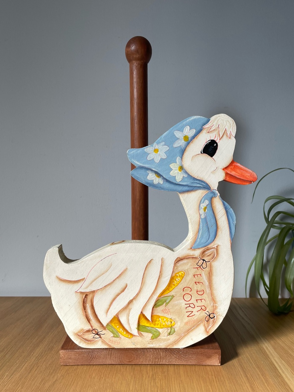 Vintage 1980s Hand-painted Wooden Goose Duck with Blue Scarf Paper Towel Holder